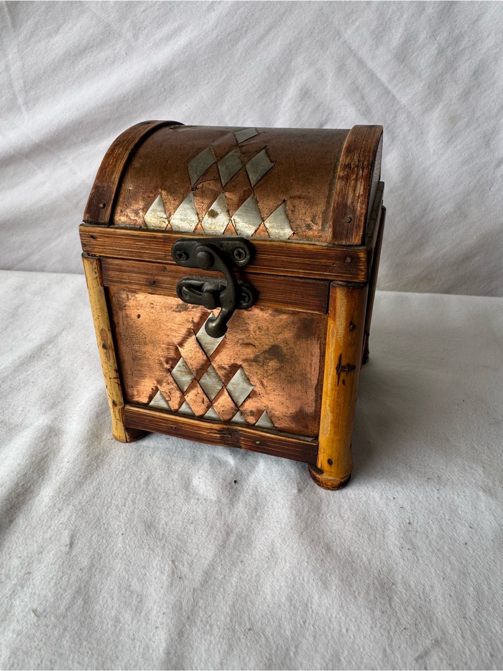 Small Wood & Metal Decorative Chest Box, Copper-Tone Panels, Latch, Lidded